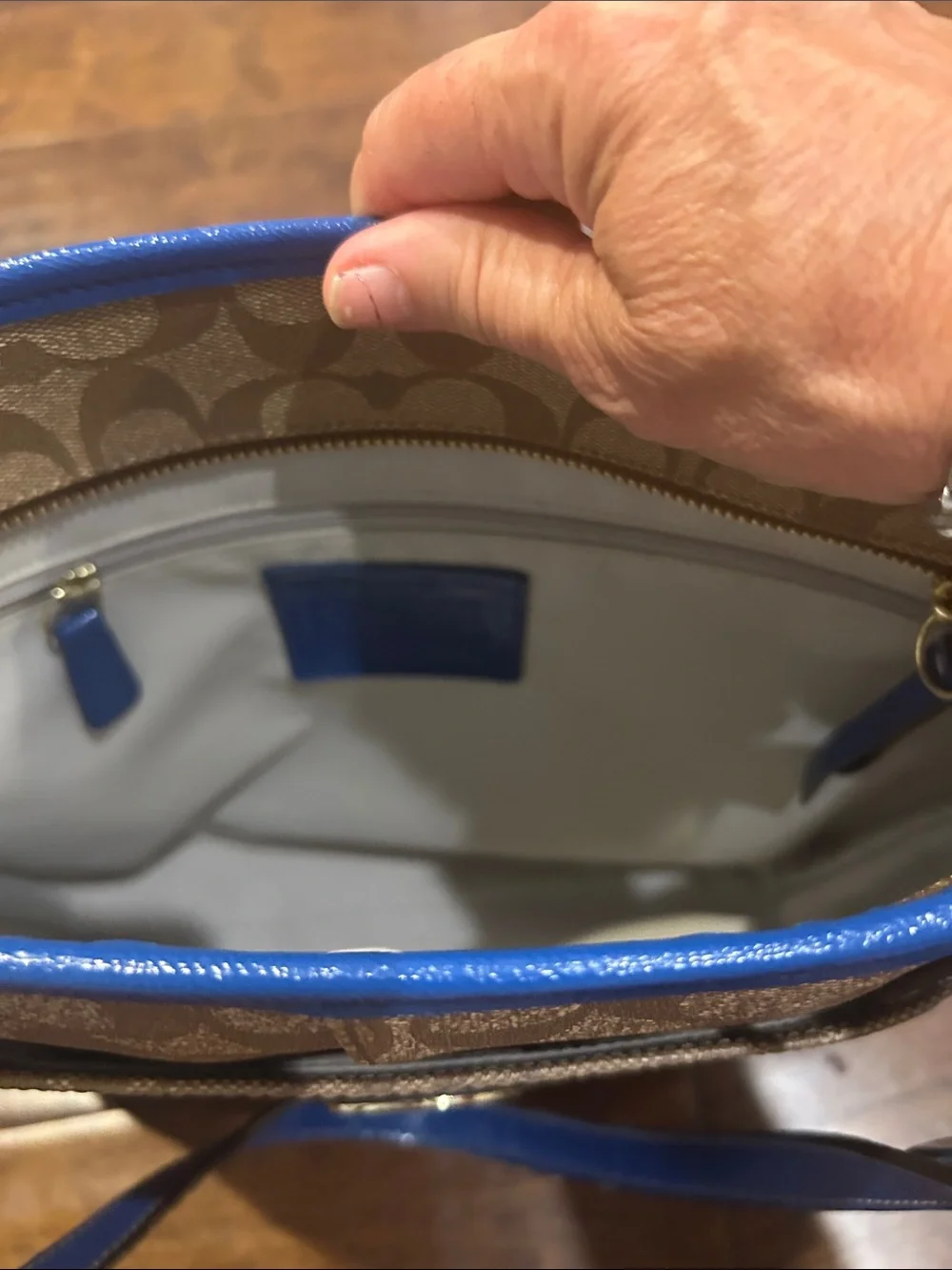 Coach Tan Signature Canvas Tote with Blue Leather Trim - Picture 3 of 4